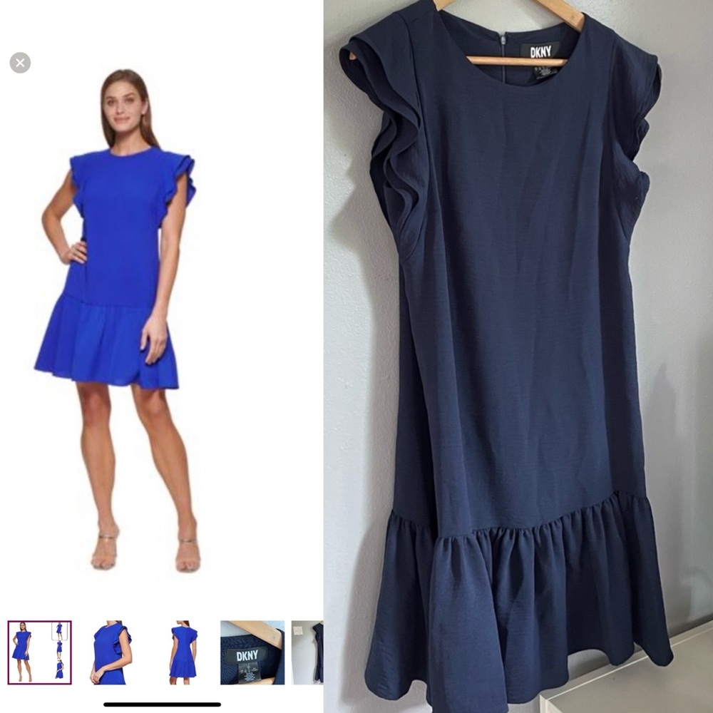 DKNY Flutter-Sleeve Ruffled-Hem Dress, Navy, size 6